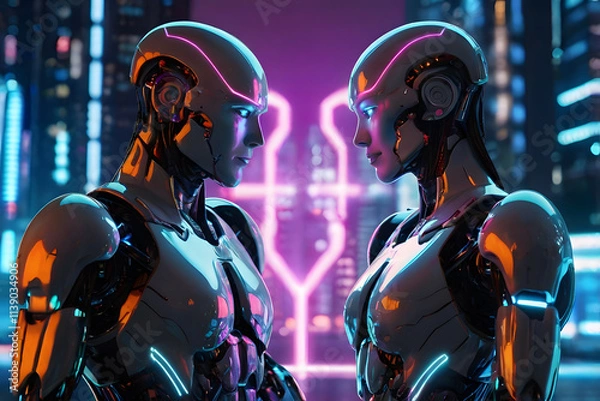 Obraz Two robots facing each other, glowing with romantic connection