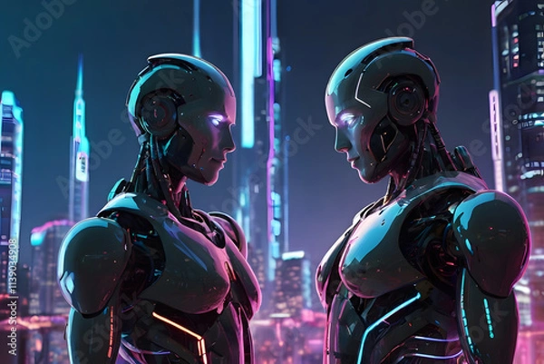 Obraz Two robots facing each other, glowing with romantic connection