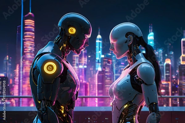 Obraz Two robots facing each other, glowing with romantic connection