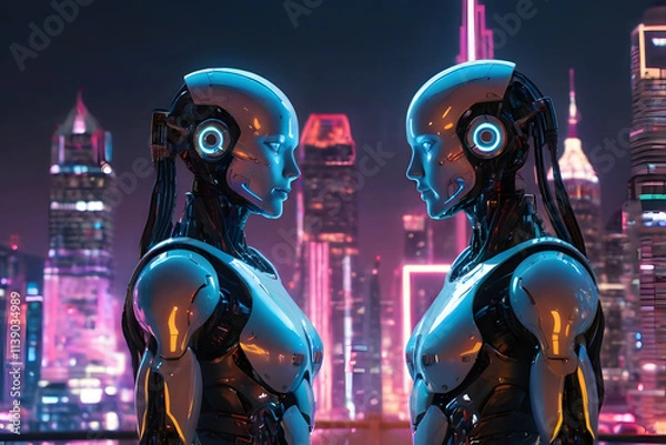 Obraz Two robots facing each other, glowing with romantic connection