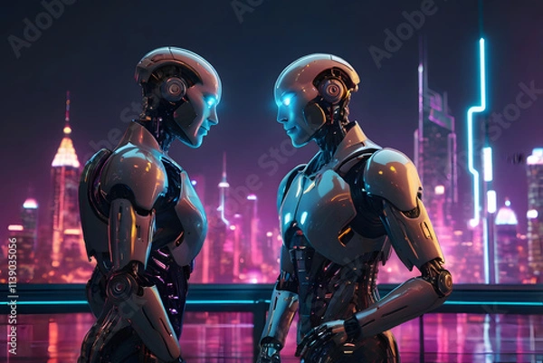 Obraz Two robots facing each other, glowing with romantic connection