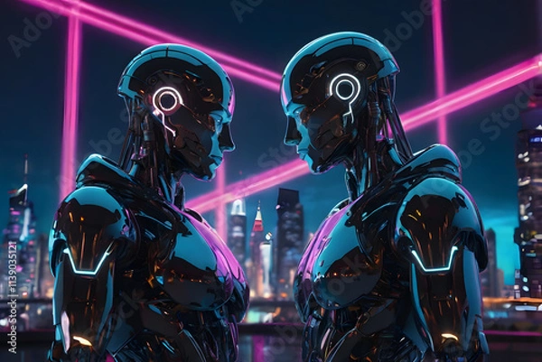 Obraz Two robots facing each other, glowing with romantic connection