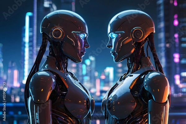 Obraz Two robots facing each other, glowing with romantic connection
