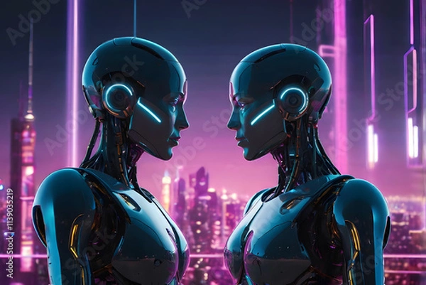 Obraz Two robots facing each other, glowing with romantic connection