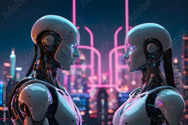 Obraz Two robots facing each other, glowing with romantic connection