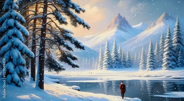 Fototapeta A wintry landscape with a frozen lake, snow-capped trees, and mountains in the background, with a lone figure dressed in red gazing at the scene