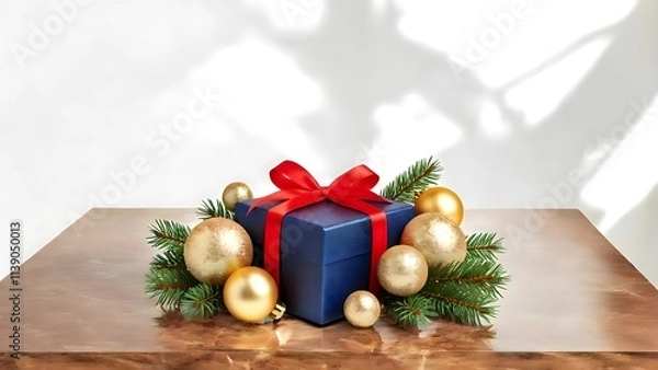 Fototapeta A blue gift with a red bow placed on a marble table, surrounded by golden Christmas ornaments and pine branches, with a white background and subtle shadows
