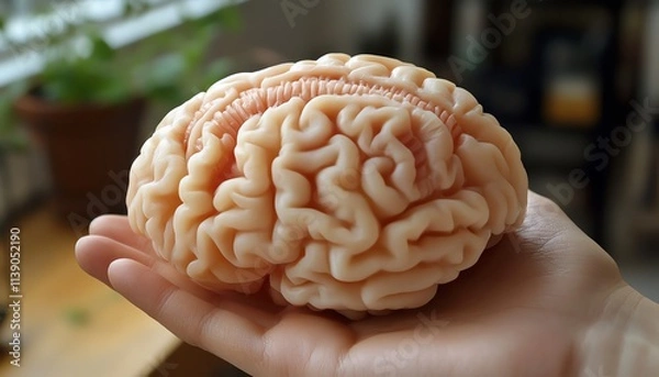 Fototapeta Psychologist s hand holding a detailed anatomical model of the human brain, symbolizing brain research and mental health care Generative AI, clean and professional