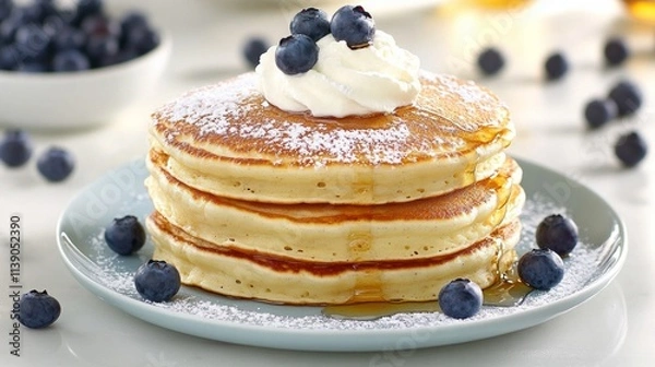 Fototapeta A stack of golden, fluffy pancakes topped with whipped cream, fresh blueberries, and powdered sugar
