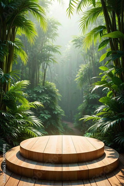 Obraz Circular wooden podium in a lush rainforest