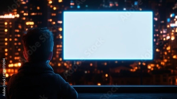 Fototapeta Child gazing at blank screen in urban nightscape digital imagery contemplation city environment evening viewpoint