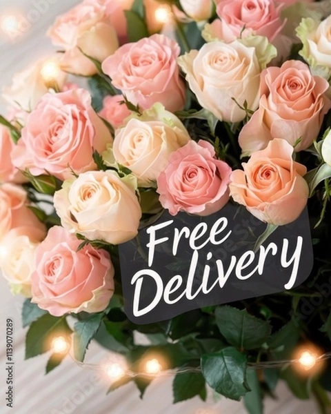Obraz Valentine's Day flower shop banner with free delivery concept. Beautiful bouquet of roses with a "Free Delivery" sign