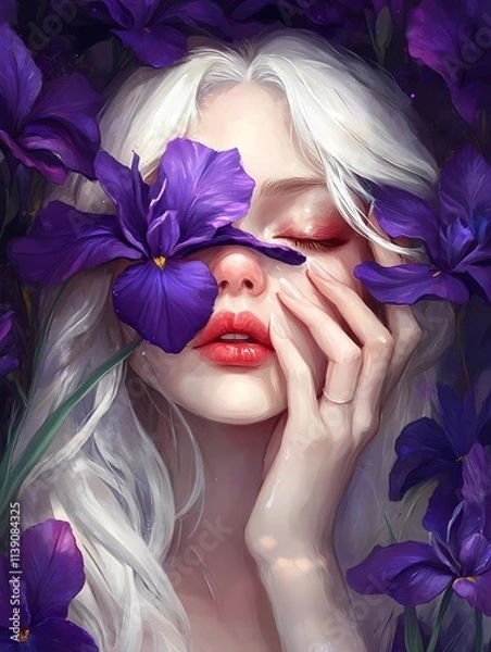 Fototapeta Beautiful woman with white hair and red lips, holding one Iris covering one of her eyes