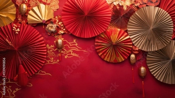 Fototapeta Vibrant Chinese New Year Decorations with Paper Fans and Lanterns on a Red Background