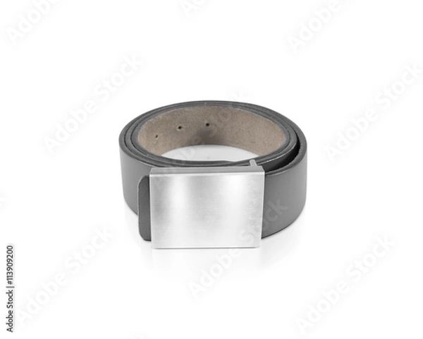 Fototapeta Mens grey belt with blank badge mockup isolated. Clear waistband mock up with grey band. White metallic ensign template on jeans belt. Leather clothing belt design branding. Pants belt empty buckle.
