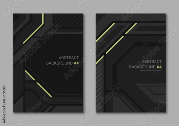 Fototapeta Futuristic set of vertical A4 covers for brochure. Modern black with neon abstract design.