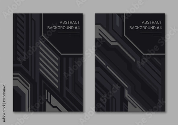 Fototapeta Abstract monochrome geometric covers A4 set. Vertical cyber background for brochure, marketing materials.