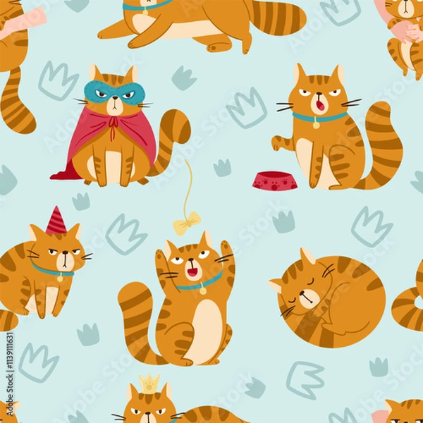 Obraz A delightful and fun pattern of cartoon cats displaying various playful expressions along with unique outfits