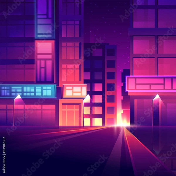 Fototapeta Pink evening street modern buildings on sunset light background. Empty dusk residential city skyline illustration.