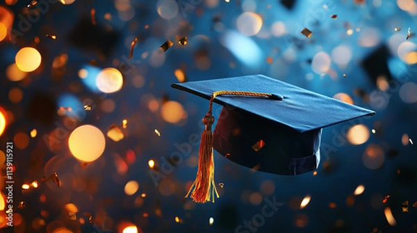 Fototapeta Blue background illustration with bokeh colorful shiny gold confetti and graduation cap, copy space. college university degree diploma achievement celebration, congratulations, award, academy banner.