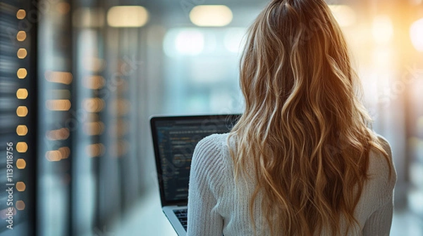 Fototapeta female IT engineer walks through a data center, using a laptop for cloud computing maintenance and monitoring. The background features a blurred, bright, metallic light tone symbolizing technological 