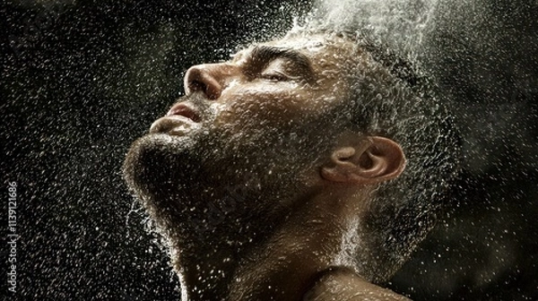 Fototapeta A close-up of a man with a beard, eyes closed, surrounded by a misty spray, evoking a sense of tranquility and refreshment.