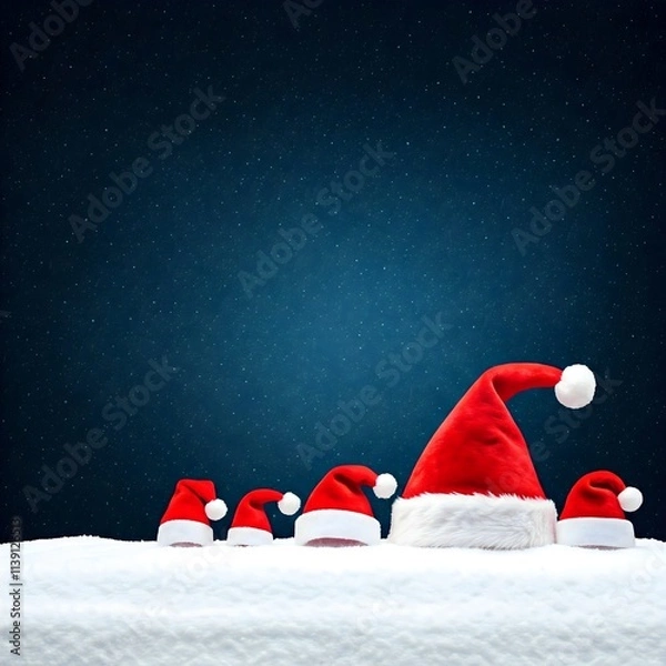 Fototapeta A row of Santa hats of different sizes on a blanket of snow, with a starry night sky in the background, evoking the magic of Christmas