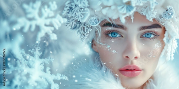 Fototapeta Portrait of snow queen with ice crown and snowflakes on face looking at viewer during snowfall