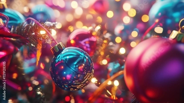 Obraz Festive Christmas ornaments with bokeh lights.