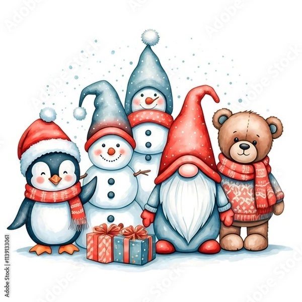 Fototapeta A digital illustration of a group of winter Christmas characters: a penguin, two snowmen, a gnome and a teddy bear, along with presents, on a white background with falling snowflakes