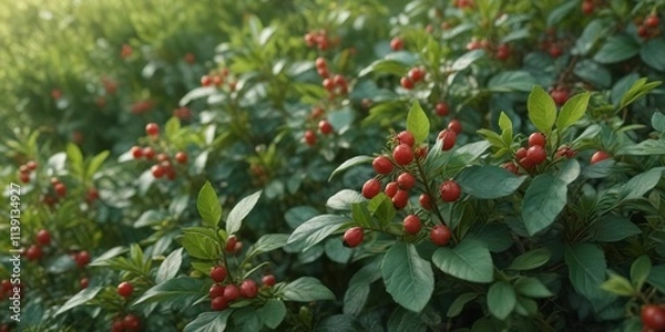 Fototapeta Wide-angle view of a green bush with many small wolfberries scattered on its leaves and stems, wolfberry, foliage, branches