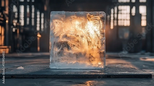 Fototapeta Illuminated ice cube on dark surface in industrial setting.