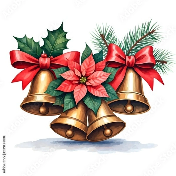 Obraz A digital illustration of three golden Christmas bells decorated with red bows, holly and a poinsettia, on a white background.