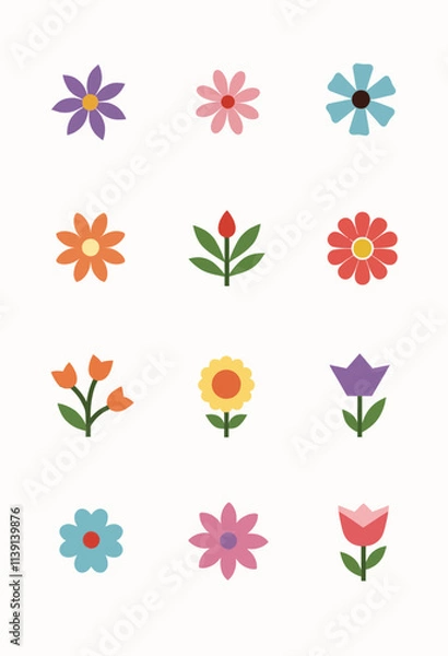 Obraz Charming Daisy Icons: A Collection of Simple Flower Shapes in Various Colors Including Pink, Blue, Purple, Orange, Red, and Green on a Clean Background
