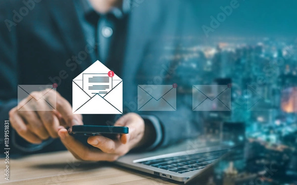 Fototapeta send an information message email from the tablet. smart SMS mail on a digital, icon opens a new email. business communication contact newsletter concept. write text on the web, marketing social media