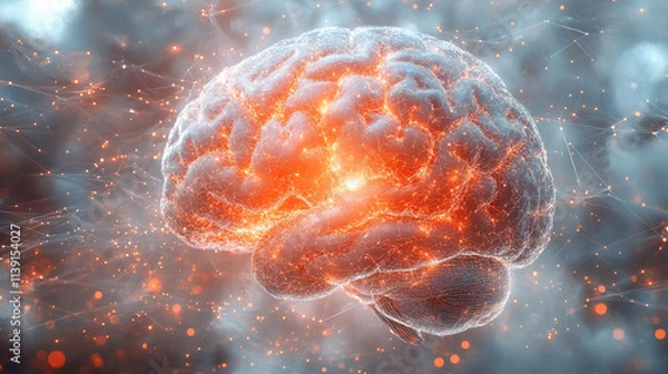 Fototapeta Futuristic concept of AI analysis, automation, and big data with a glowing brain symbolizing artificial intelligence. Blurred bright tones of gold, silver, and white suggest innovation and digital gro