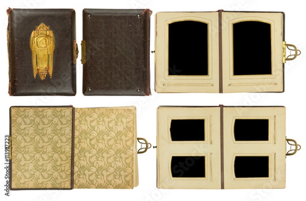 Fototapeta Cover and double pages of vintage photo album (circa 1900) with clasp and brass engraved decoration, isolated on white, contains clipping paths for all elements including photo frames