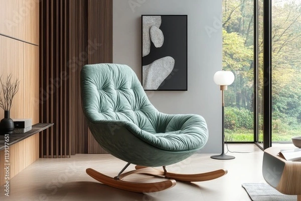 Fototapeta Modern rocking chair with soft fabric and wooden frame in blue-green color, low backrest for comfort, perfect armchair for living room or bedroom relaxation.