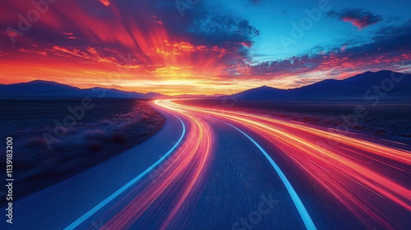 Fototapeta Sunset Drive: Speed, Motion, and Majestic Mountains