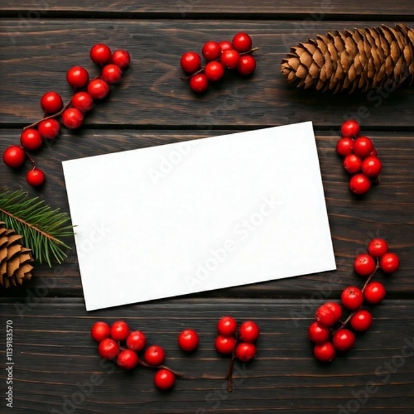 Fototapeta A flat lay composition with a blank white card surrounded by red berries, pine cones and pine branches on a dark wood table, perfect for winter or holiday messages.
