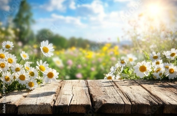 Obraz Sunny spring day, wooden table, daisies.