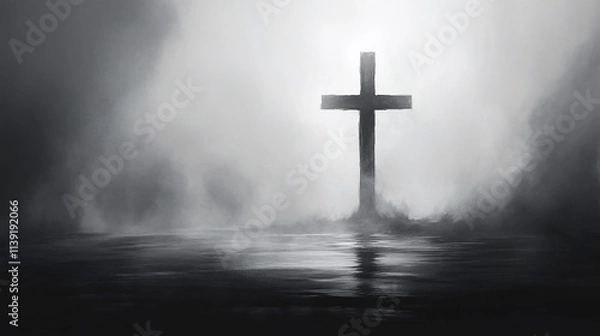 Fototapeta A dark, moody image of a cross standing in a misty landscape, reflecting in the water.