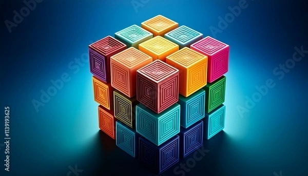 Fototapeta Vibrant cube of colorful blocks on blue background