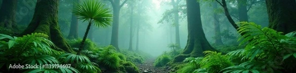 Fototapeta misty forest with greenery and ferns in the background, forest, palm, foliage
