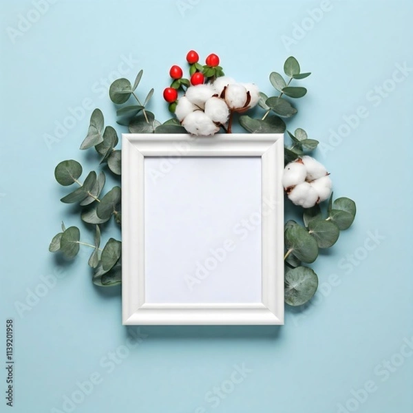 Obraz A blank white frame surrounded by eucalyptus leaves, cotton flowers and red berries on a light blue background, perfect for displaying a photo or text.