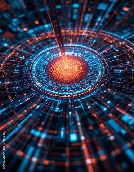 Fototapeta Digital rings radiating around a central glowing data point