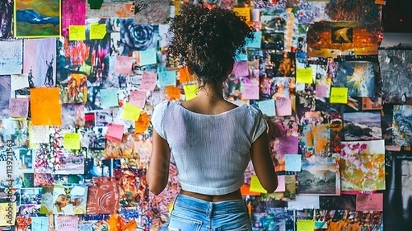 Fototapeta A woman placing sticky notes with goals on a vision board filled with inspiring images