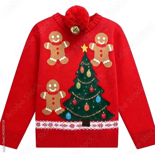 Fototapeta A red knitted Christmas sweater with a Christmas tree, gingerbread men, a pompom and a bell, perfect for the holidays.