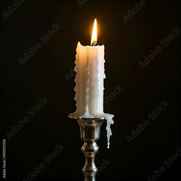 Fototapeta A white candle lit in a silver candle holder with melted wax on a black background, creating a warm and dim atmosphere.