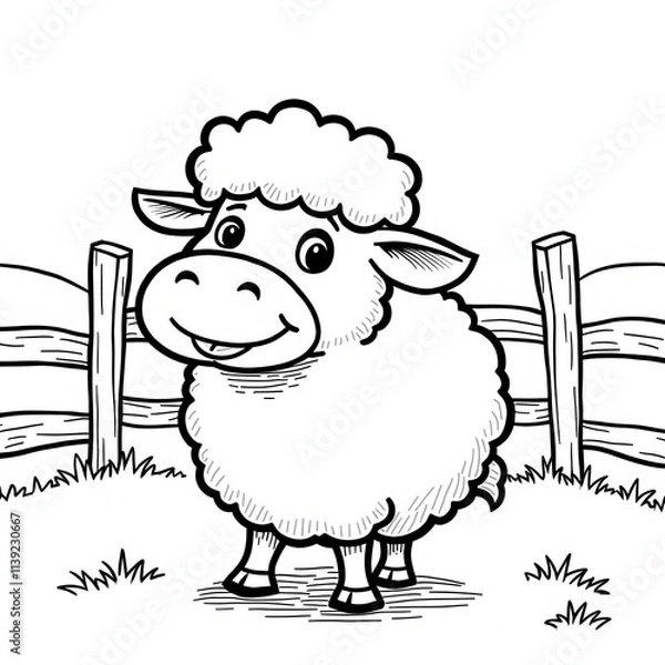 Obraz  Smiling Sheep Standing By Wooden Fence